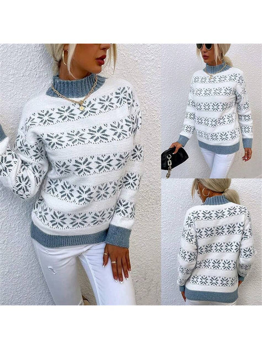 Christmas Snowflake Semi High Neck Sweater Knitted Sweater