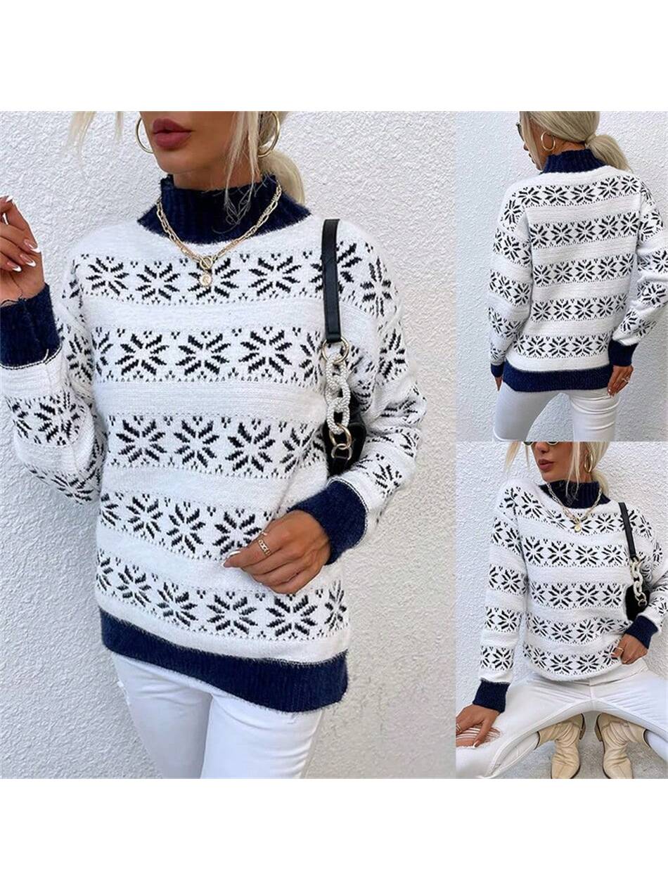 Christmas Snowflake Semi High Neck Sweater Knitted Sweater