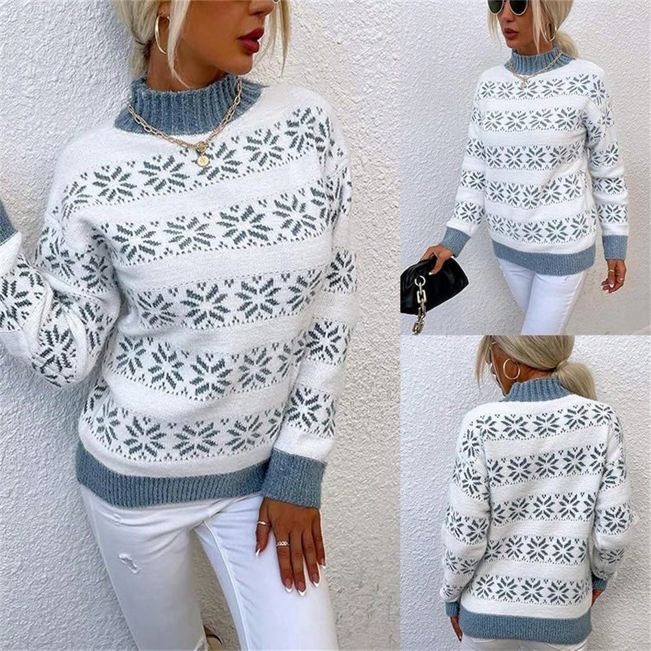 Christmas Snowflake Semi High Neck Sweater Knitted Sweater