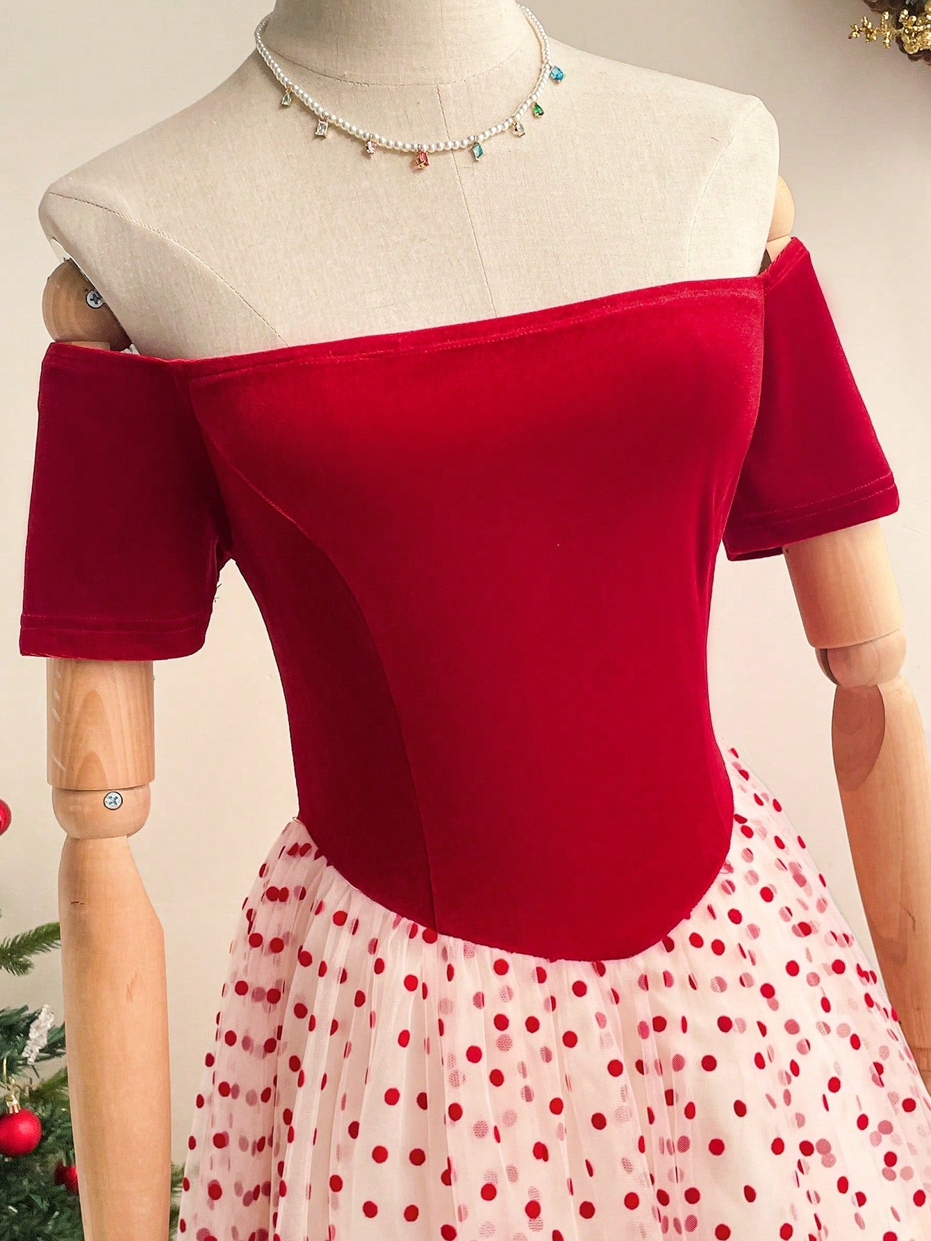 Flocked & Mesh Patchwork Dot  Off-Shoulder A-Line  Dress