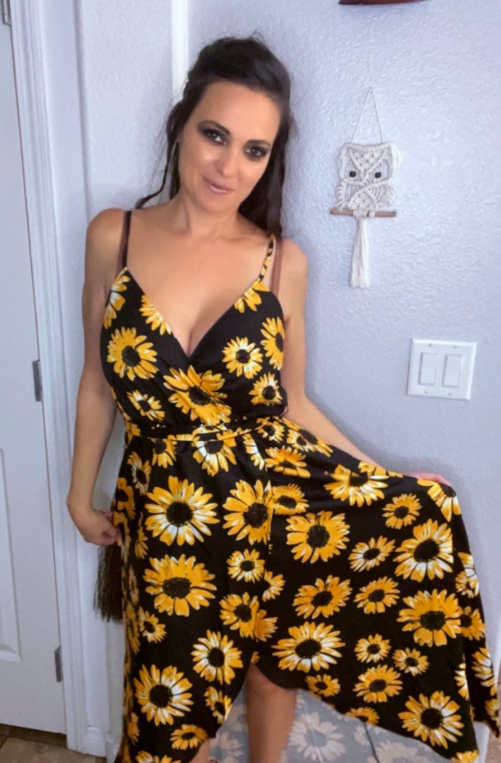 Time of the Season Sunflower Wrap Tie Front Split Thigh Cami Dress