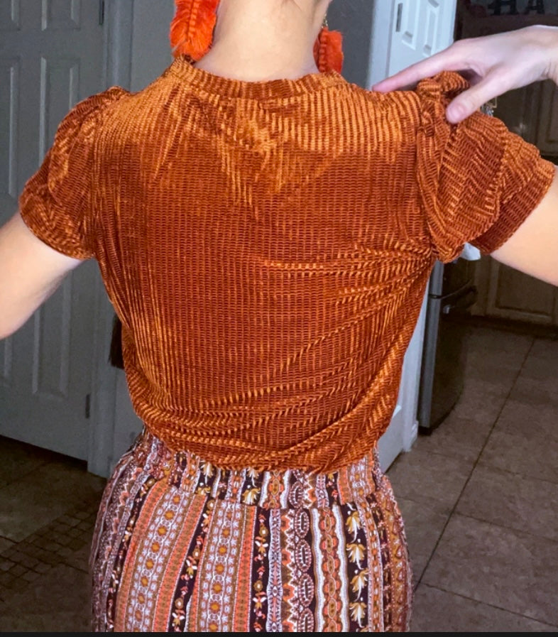 Pumpkin Spice Solid Puff Sleeve Velvet Tee