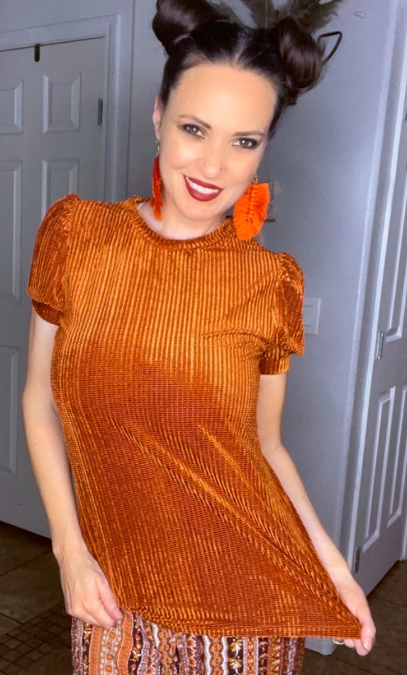 Pumpkin Spice Solid Puff Sleeve Velvet Tee