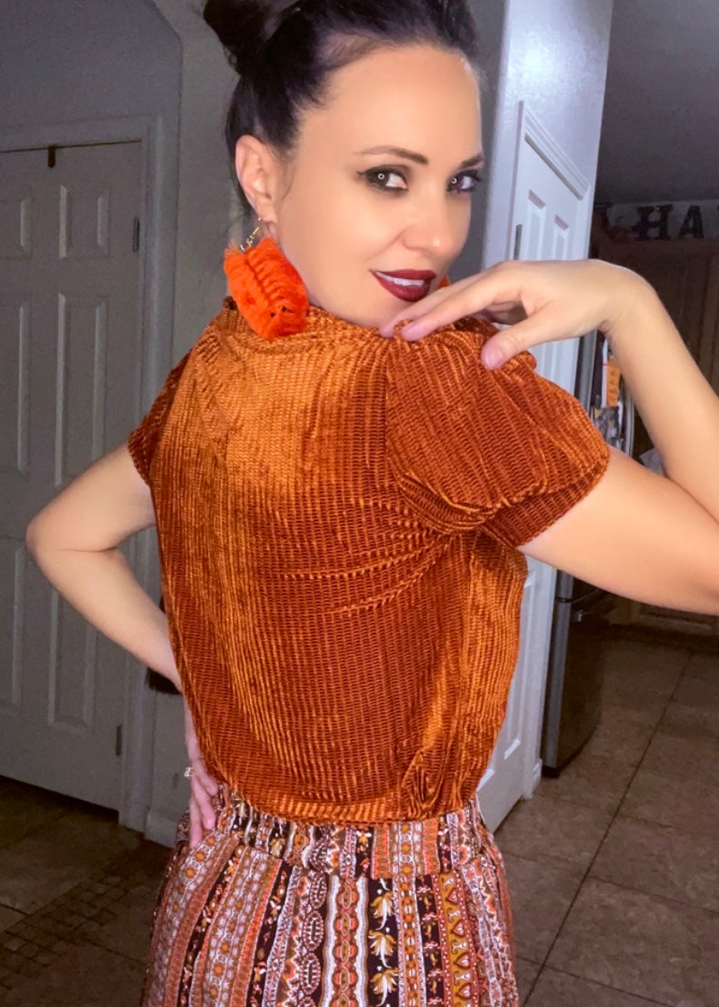 Pumpkin Spice Solid Puff Sleeve Velvet Tee