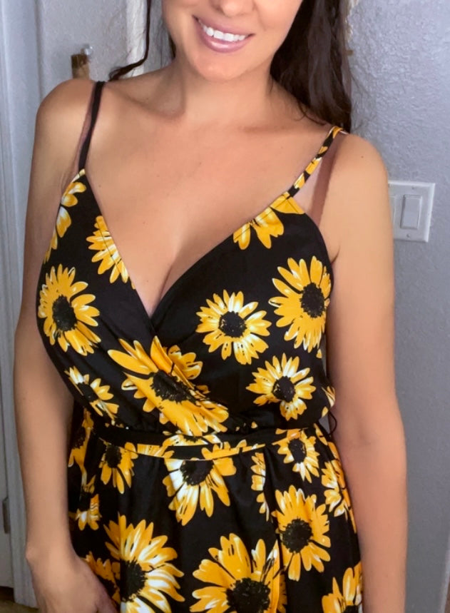 Time of the Season Sunflower Wrap Tie Front Split Thigh Cami Dress