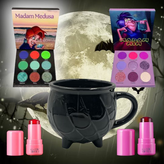 Gothic Hippies - Madam Mim and Madam Medusa Eyeshadow Pallets and Jelly Lip & Cheek Tint Set incl. Cauldron Mug