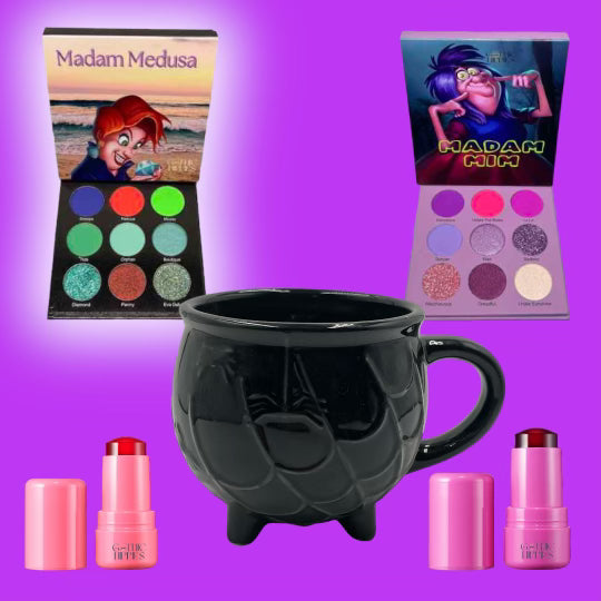 Gothic Hippies - Madam Mim and Madam Medusa Eyeshadow Pallets and Jelly Lip & Cheek Tint Set incl. Cauldron Mug