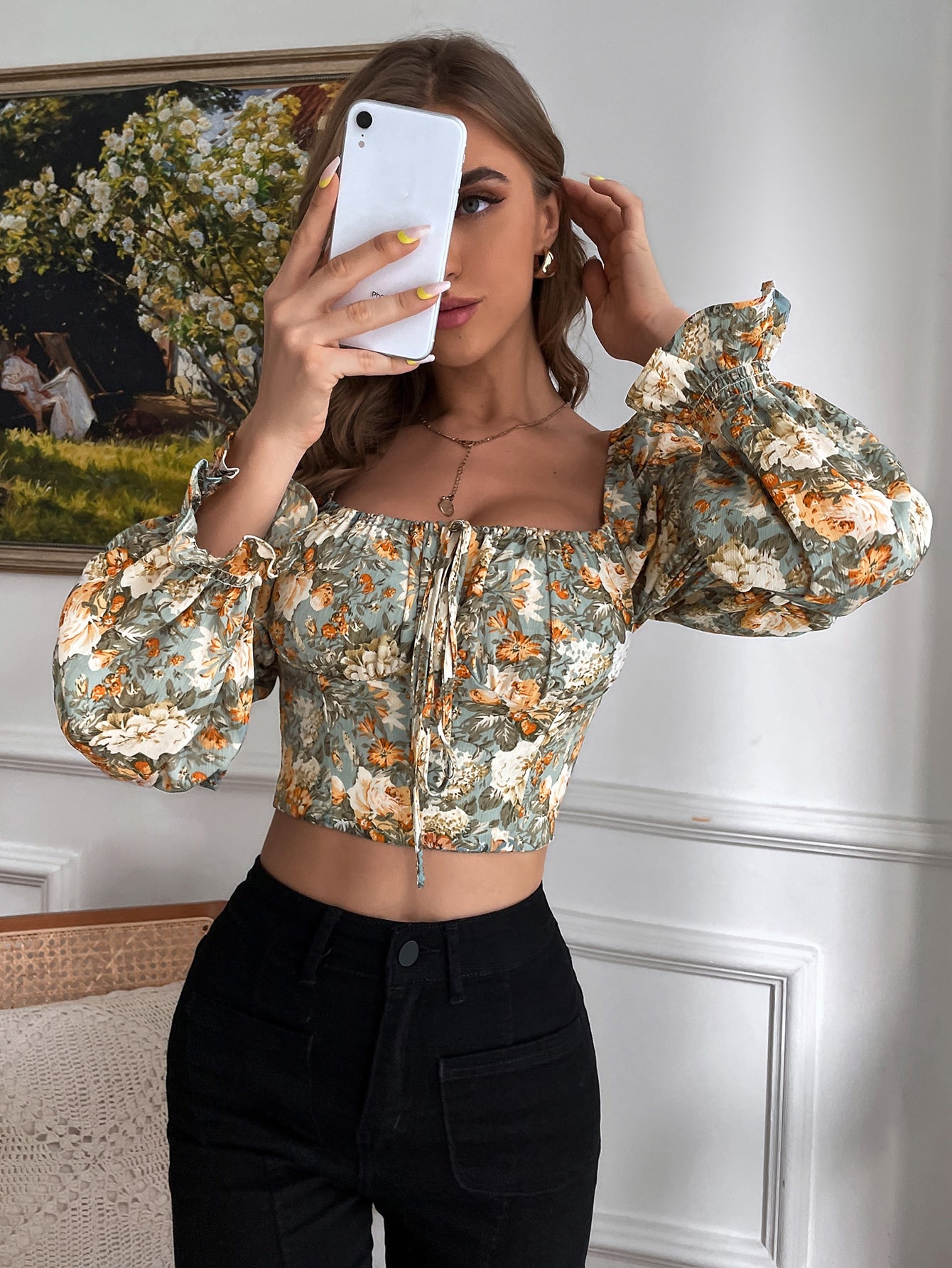 Frenchy Floral Print Square Neck Drawstring Gather Sleeve Blouse