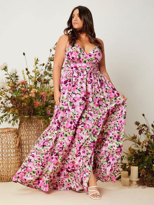 Happiest Garden Maxi Plus Floral Print Criss-cross Tie Backless Cami Dress
