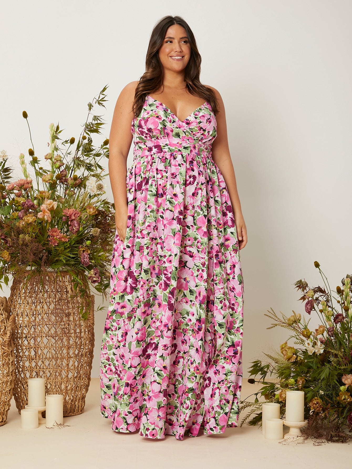 Happiest Garden Maxi Plus Floral Print Criss-cross Tie Backless Cami Dress