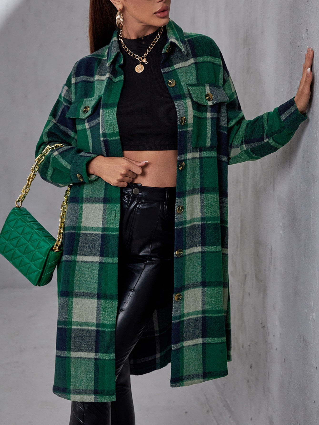 Plaid Flap Pocket Drop Shoulder Coat