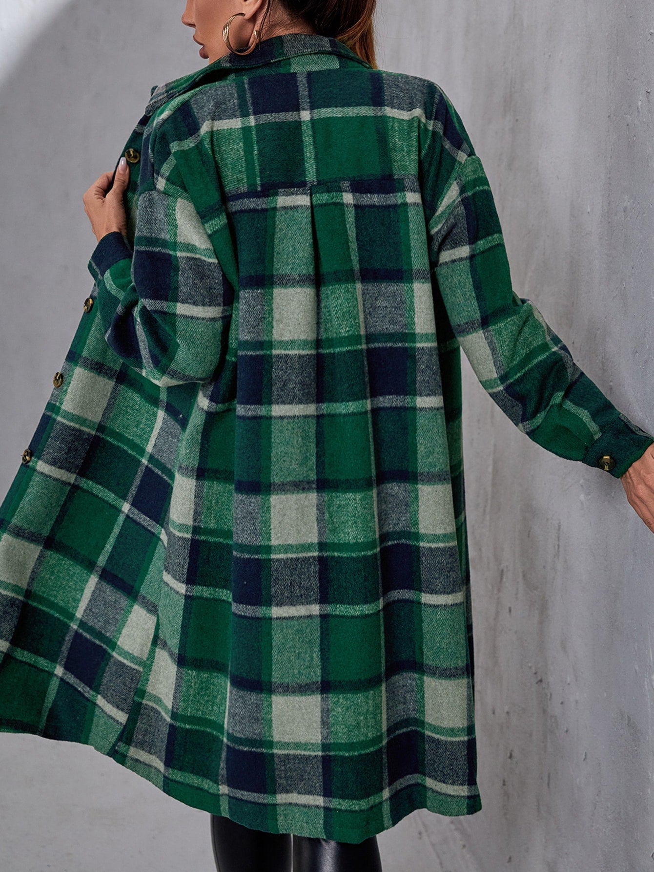 Plaid Flap Pocket Drop Shoulder Coat