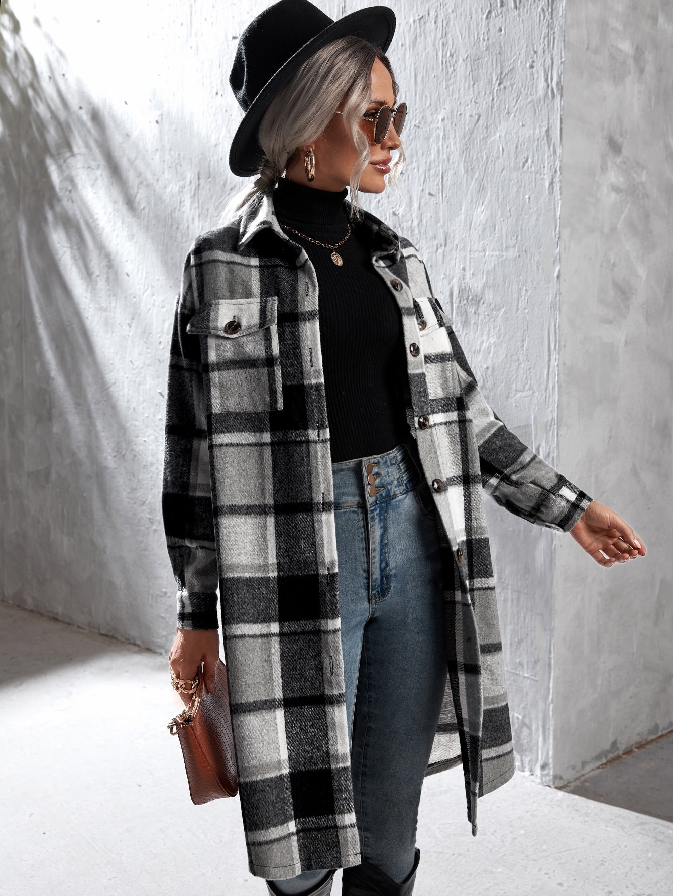 Plaid Flap Pocket Drop Shoulder Coat