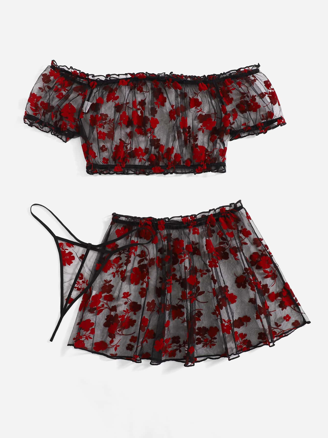 Gothic Love 3pack Plus Floral Print Sheer Mesh Lingerie Set & Skirt