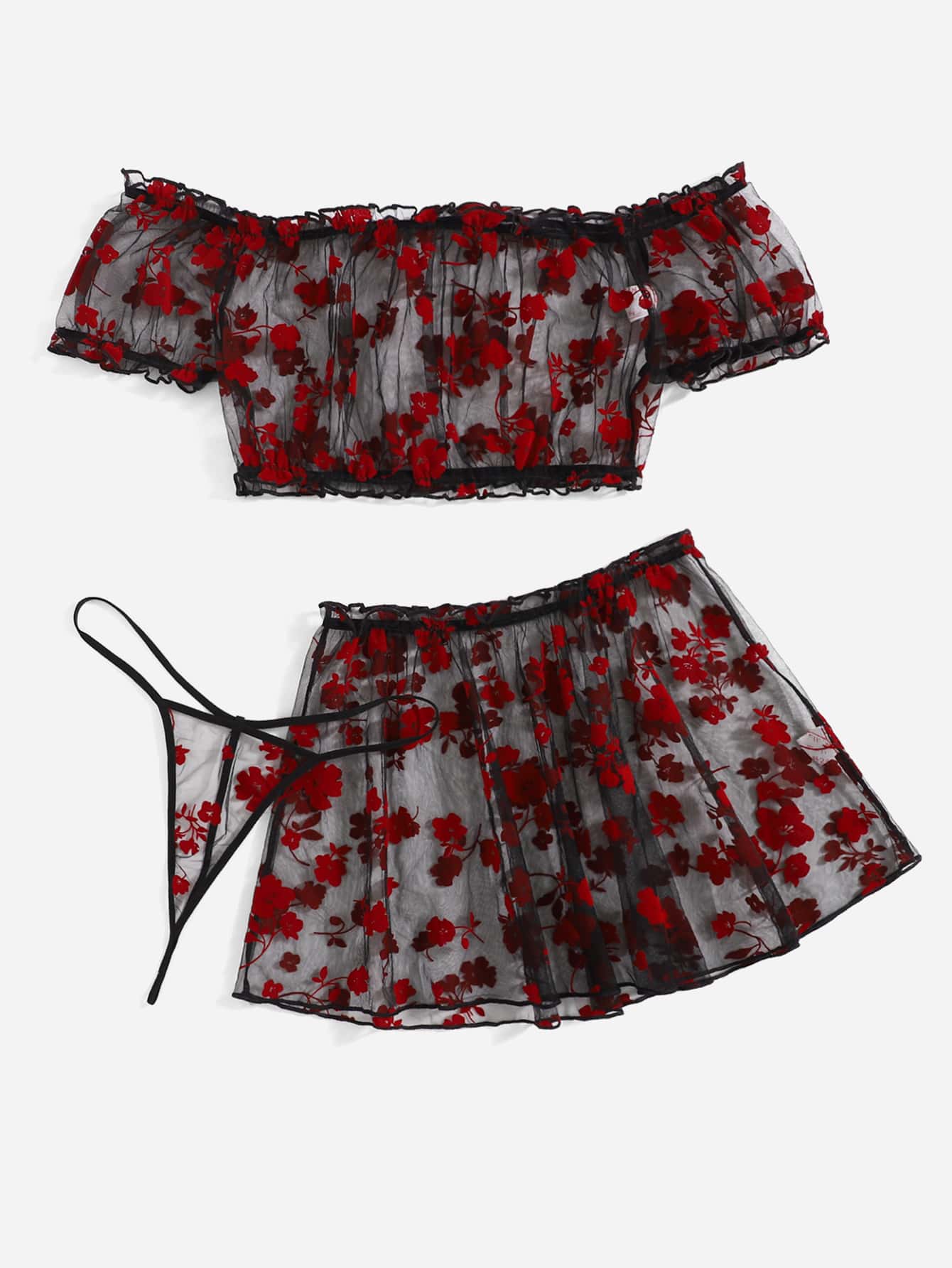 Gothic Love 3pack Plus Floral Print Sheer Mesh Lingerie Set & Skirt