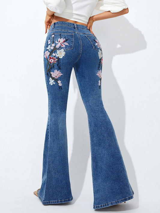 Sacred Garden Floral Embroidery Flare Leg Jeans