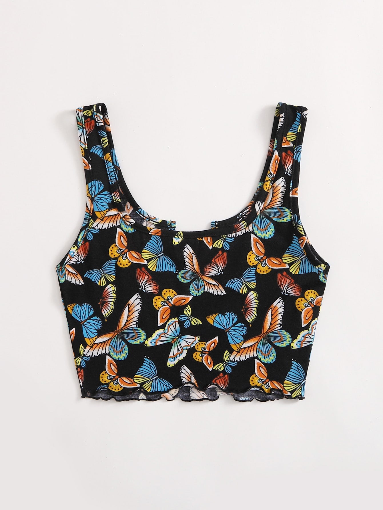 Change is Good PLUS Butterfly Print Notched Neck Lettuce Trim Tank Top