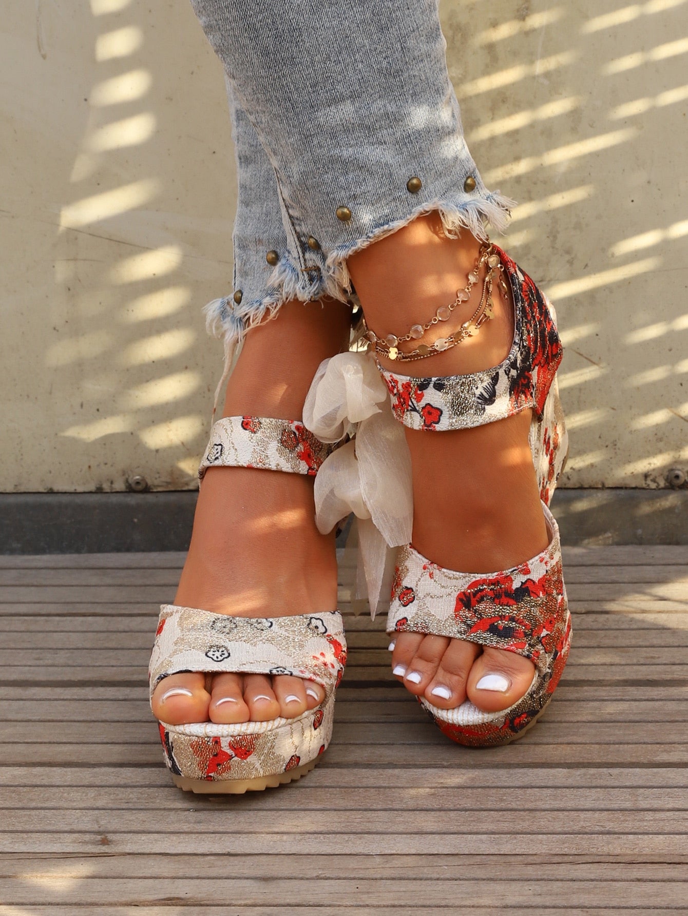 Vintage Bow Floral Ankle Strap Wedge Sandals