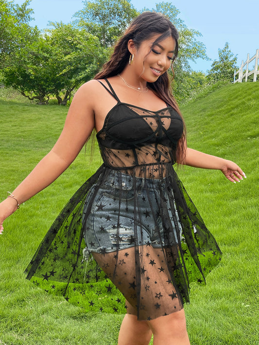 Sultry Gothic Plus Size Sheer Star Mesh Cami Dress