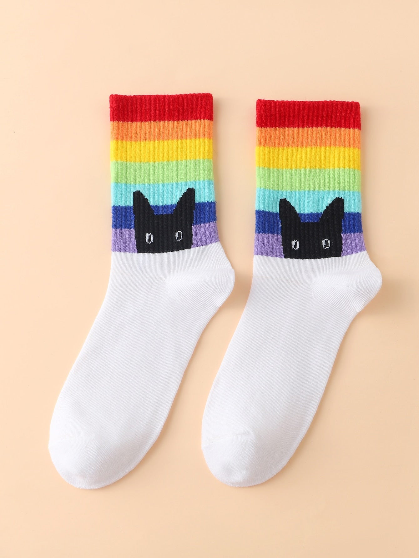Patrón de gato negro a rayas arcoíris Calcetines