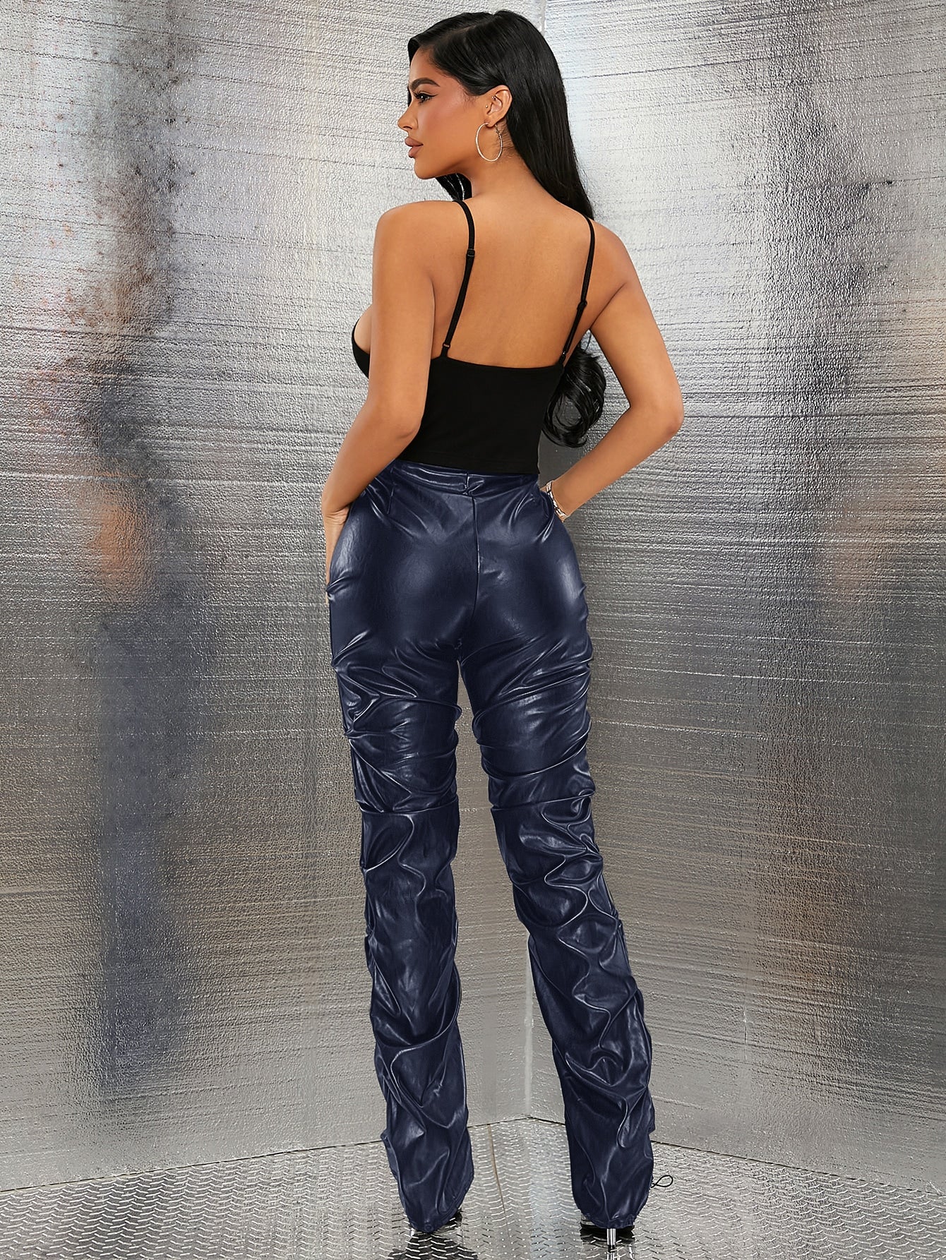 Edgy Zip Up Ruched Patent Pants