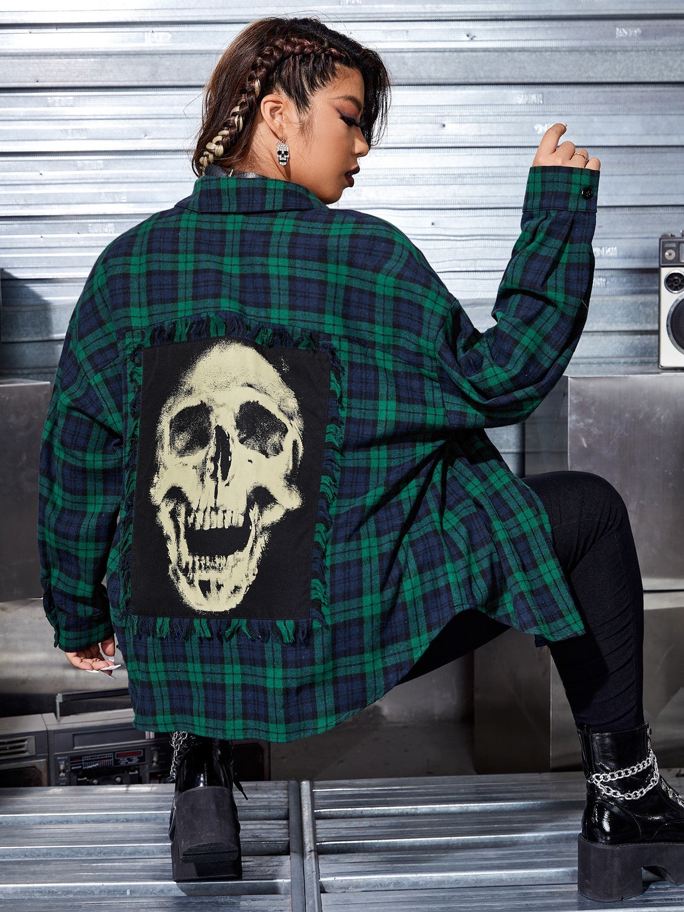 PUNK Plus Tartan & Skull Print Drop Shoulder Coat