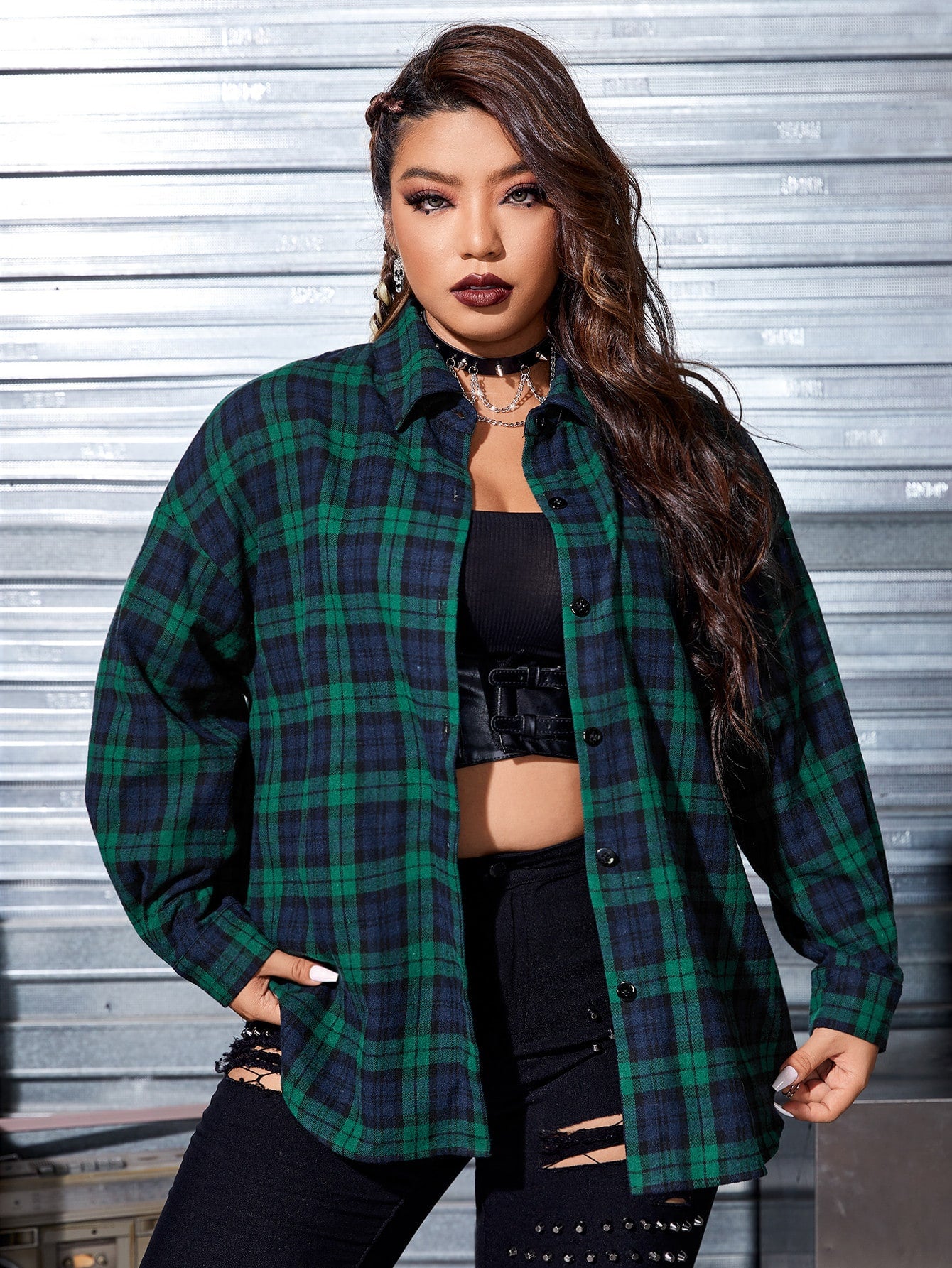 PUNK Plus Tartan & Skull Print Drop Shoulder Coat