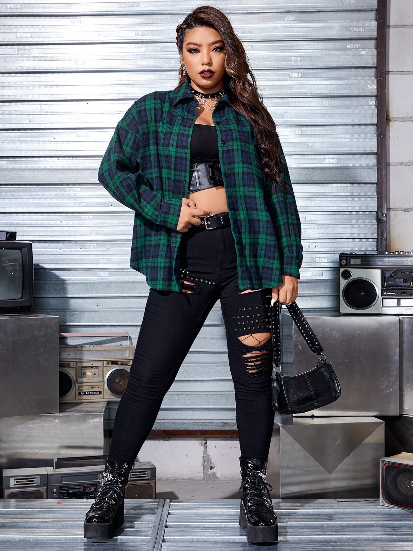 PUNK Plus Tartan & Skull Print Drop Shoulder Coat