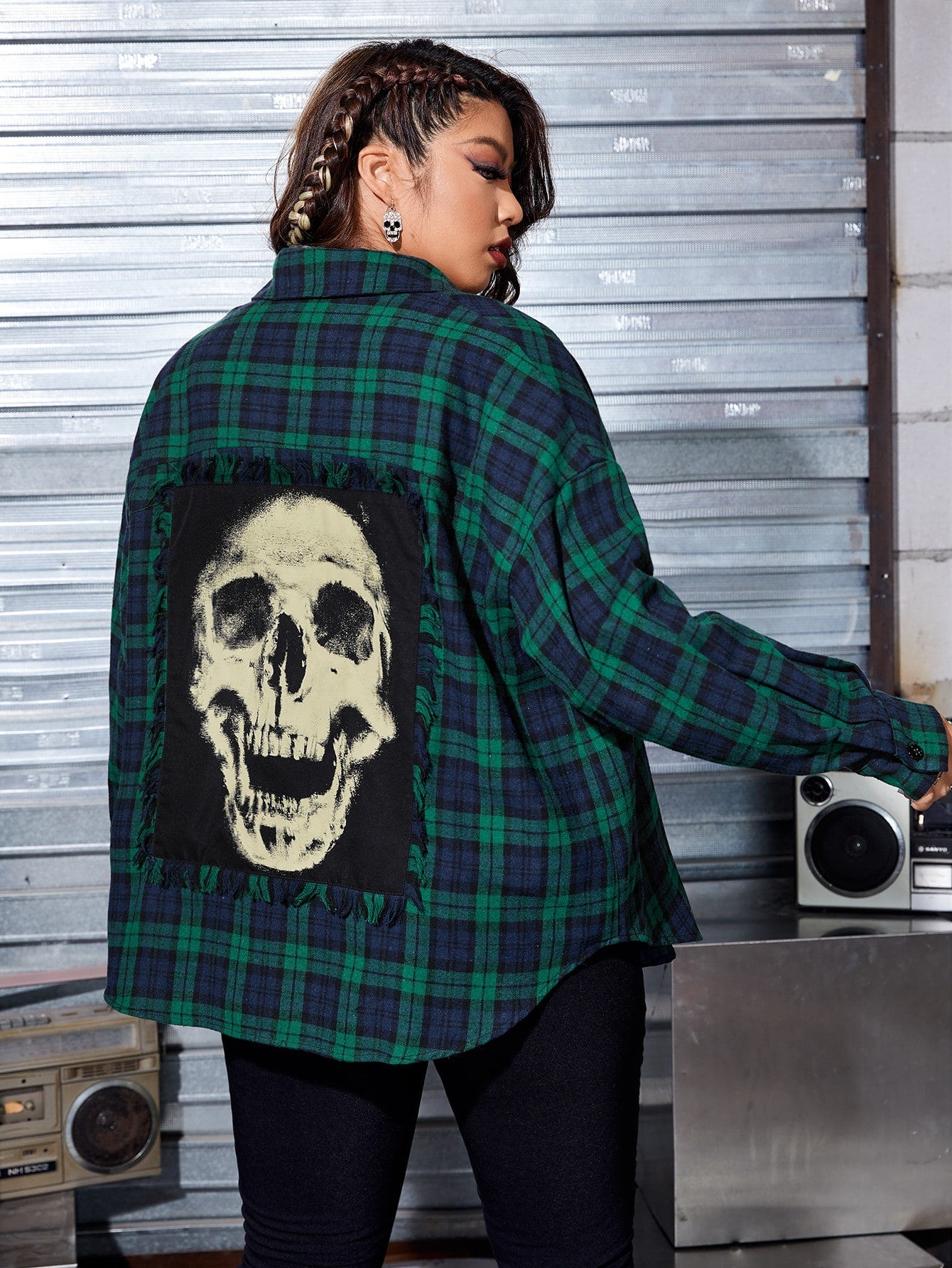 PUNK Plus Tartan & Skull Print Drop Shoulder Coat