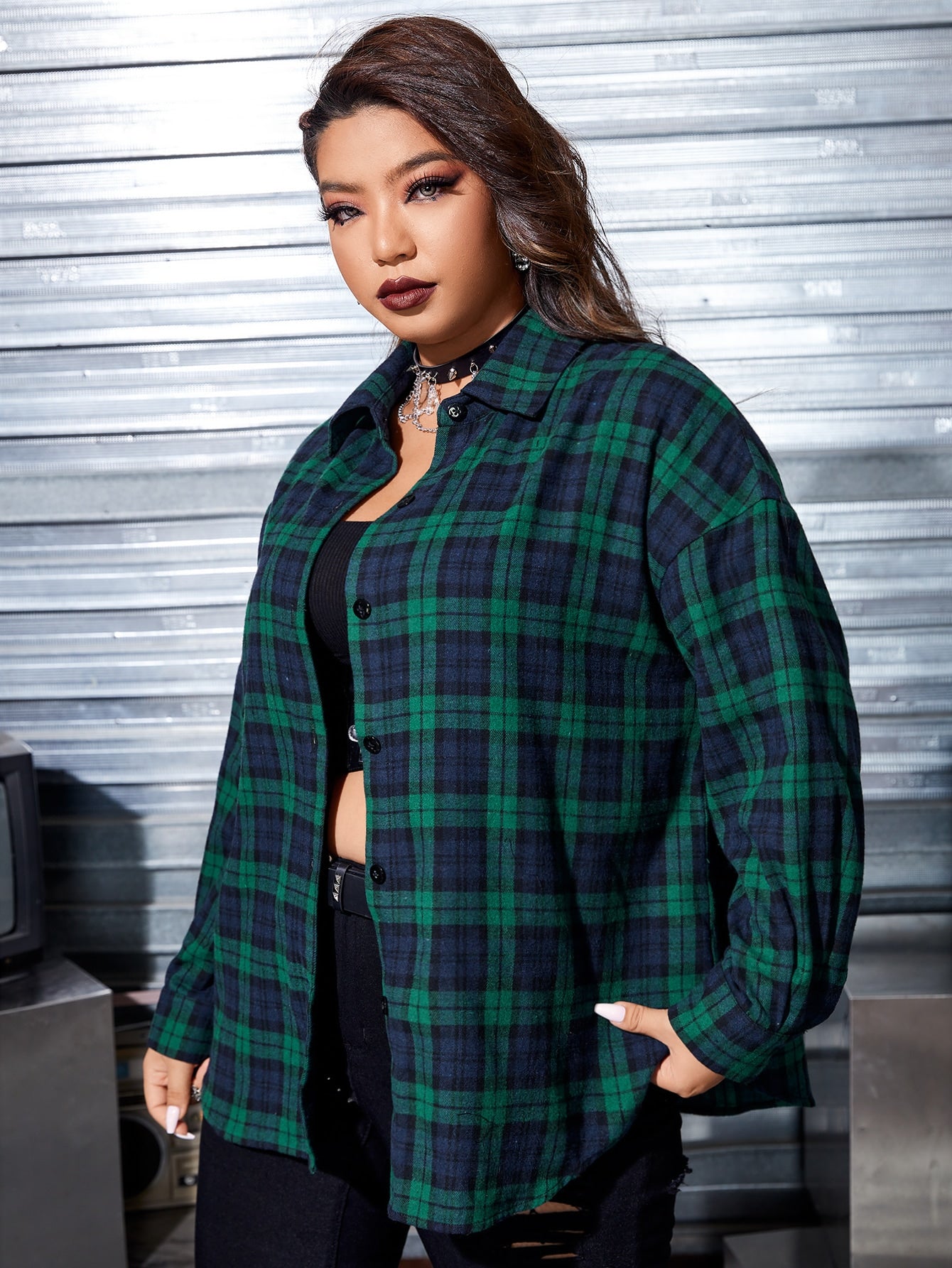 PUNK Plus Tartan & Skull Print Drop Shoulder Coat