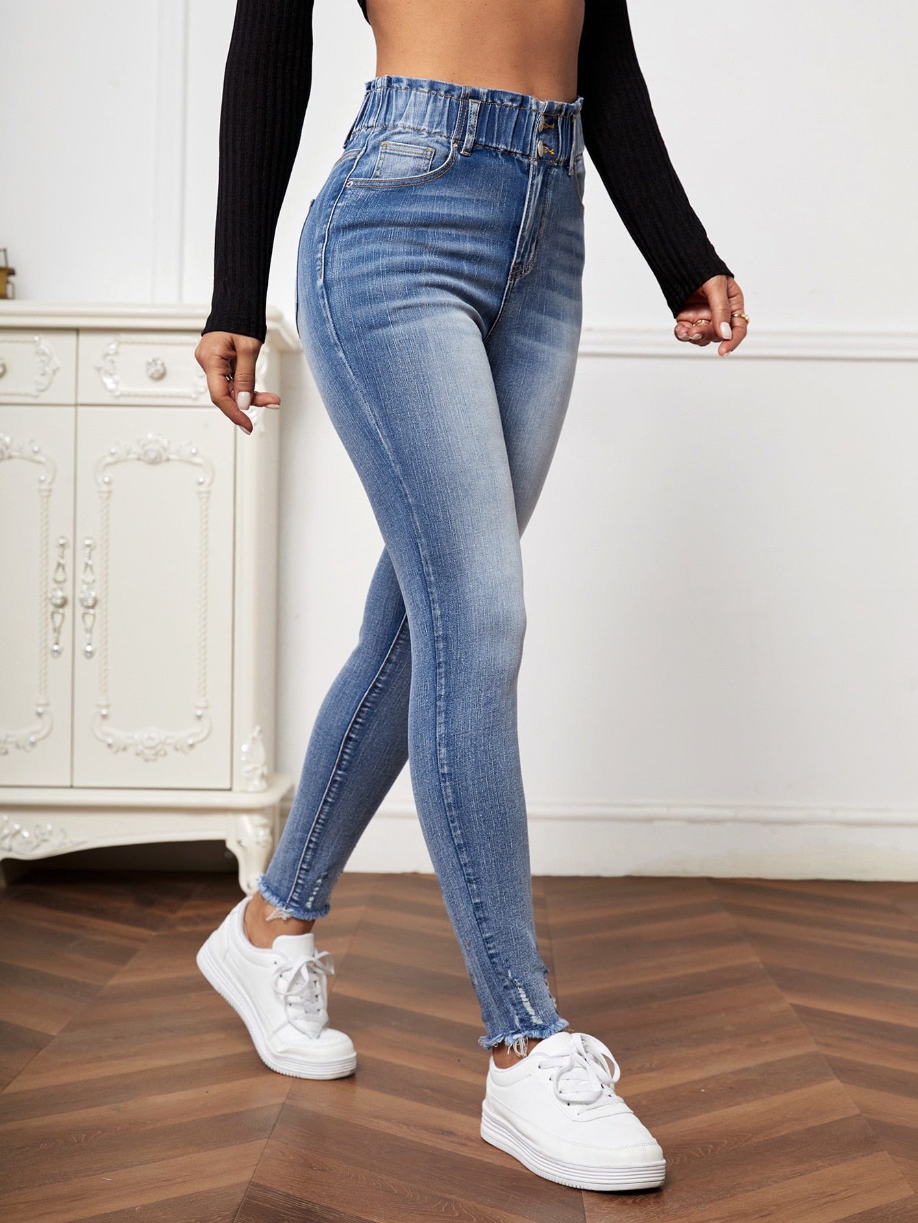 Ripped Frayed Hem Bleach Wash Paperbag Waist Skinny Jeans