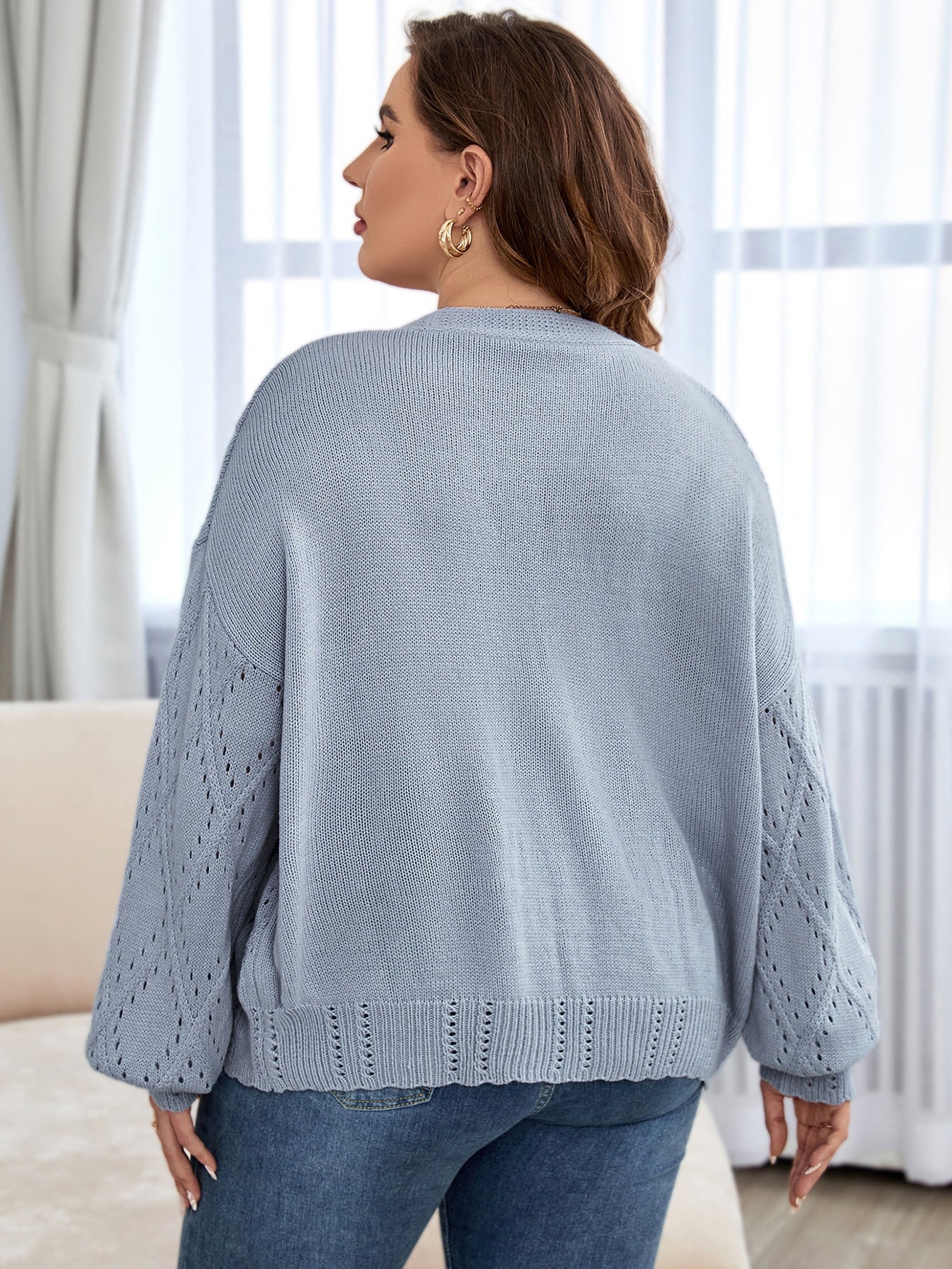 Luna 🌙 Floral Plus Embroidery Pointelle Knit Drop Shoulder Cardigan