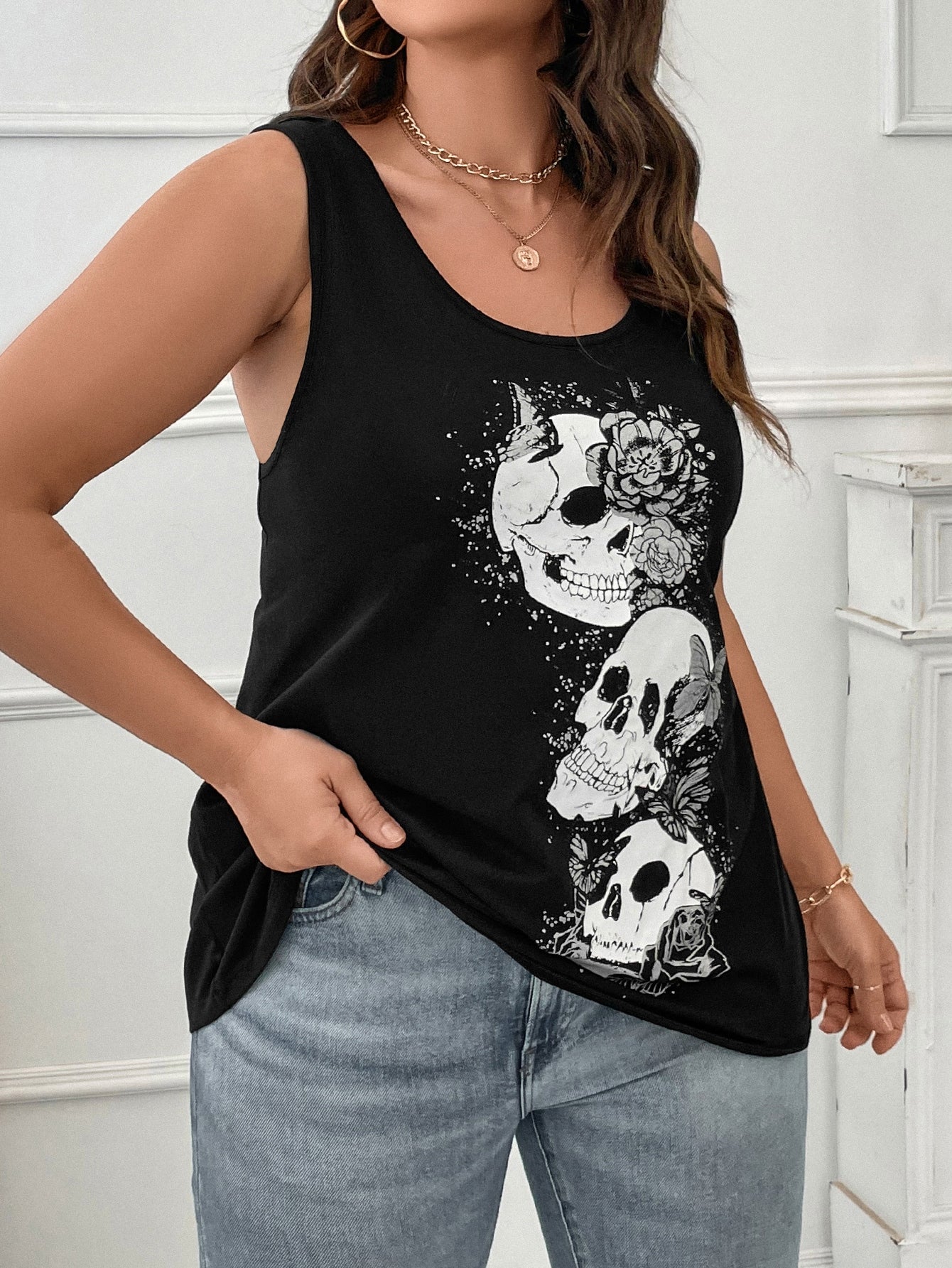 Spooky Scary Skeletons Plus Skull & Floral Print Tank Top