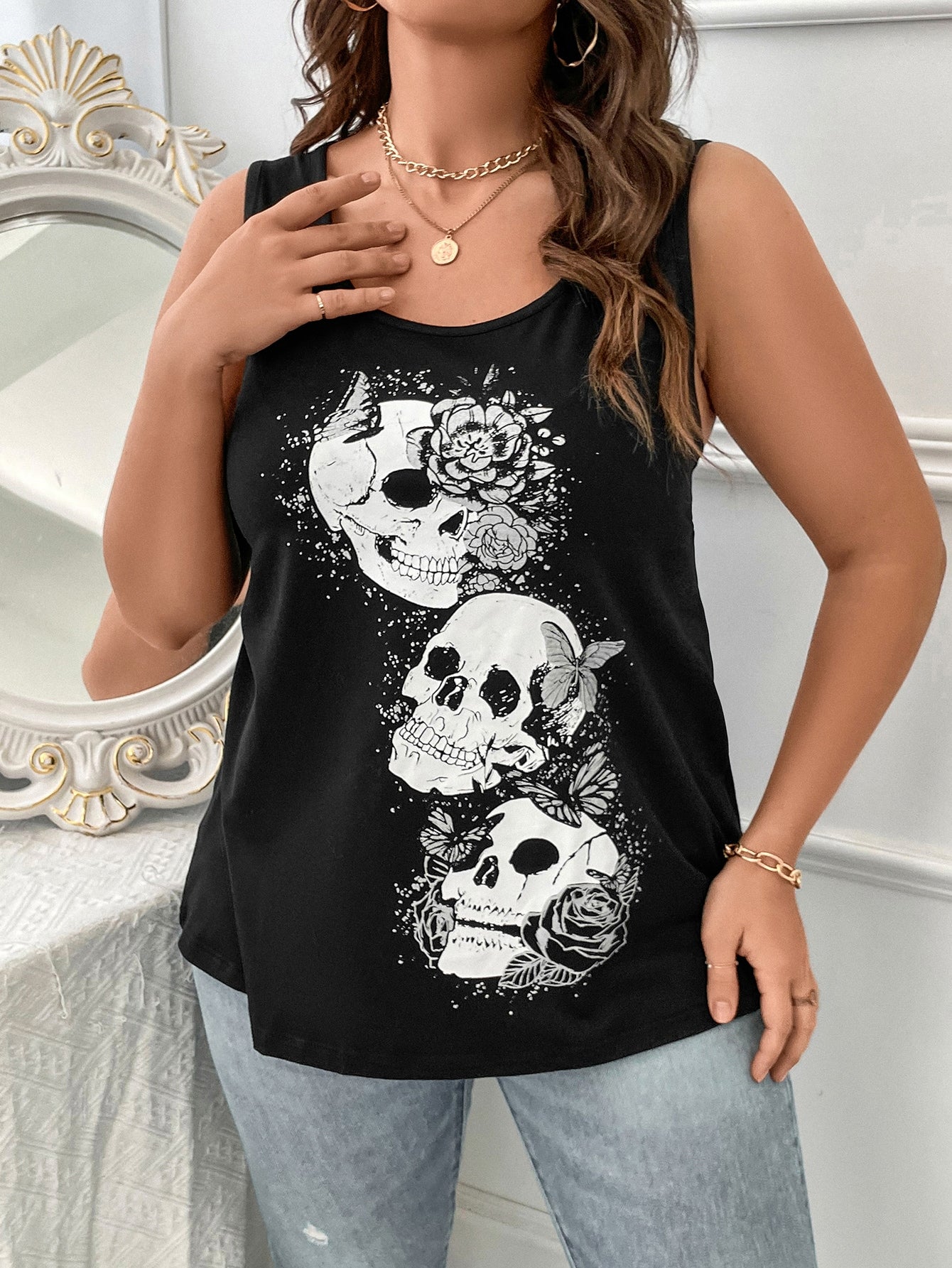 Spooky Scary Skeletons Plus Skull & Floral Print Tank Top