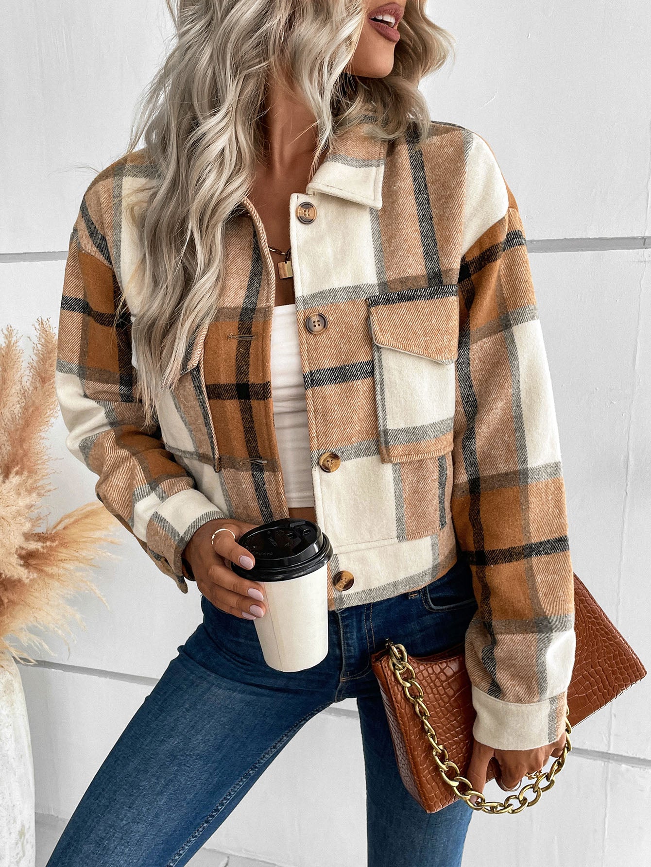 Plaid Print Flap Pocket Crop Jacket