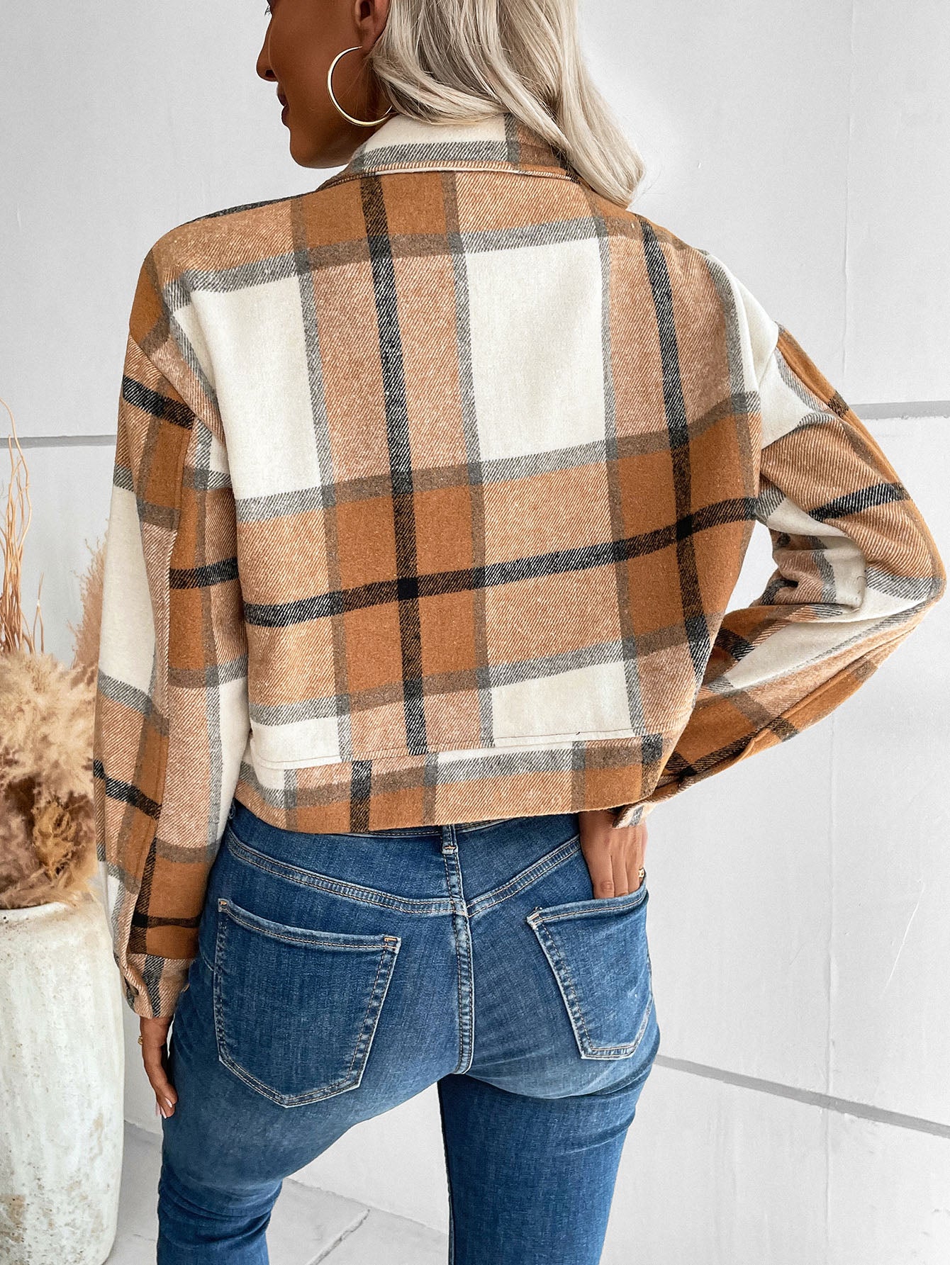 Plaid Print Flap Pocket Crop Jacket