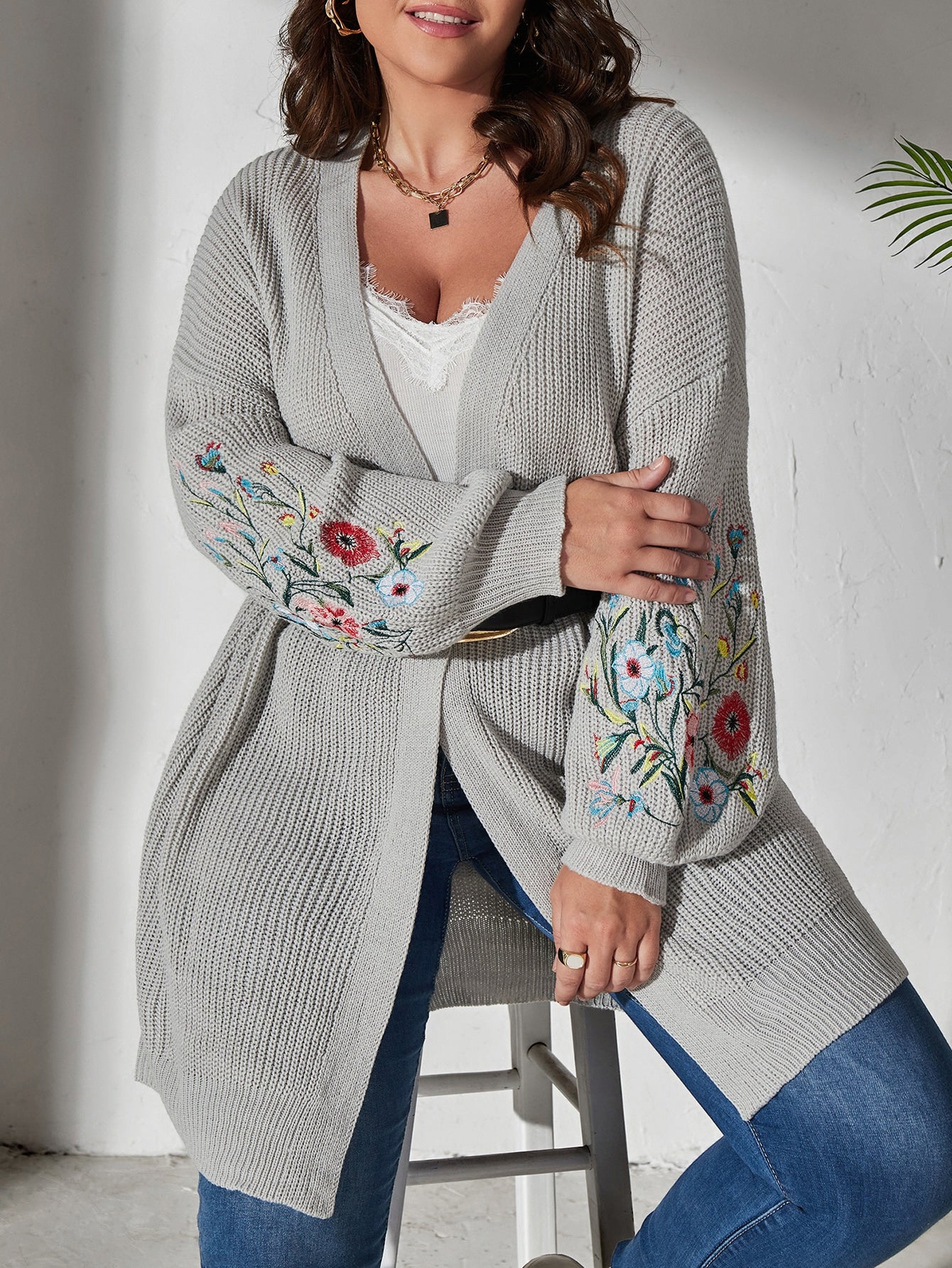 Secret Garden Cardigan Plus Floral Embroidered Drop Shoulder Duster