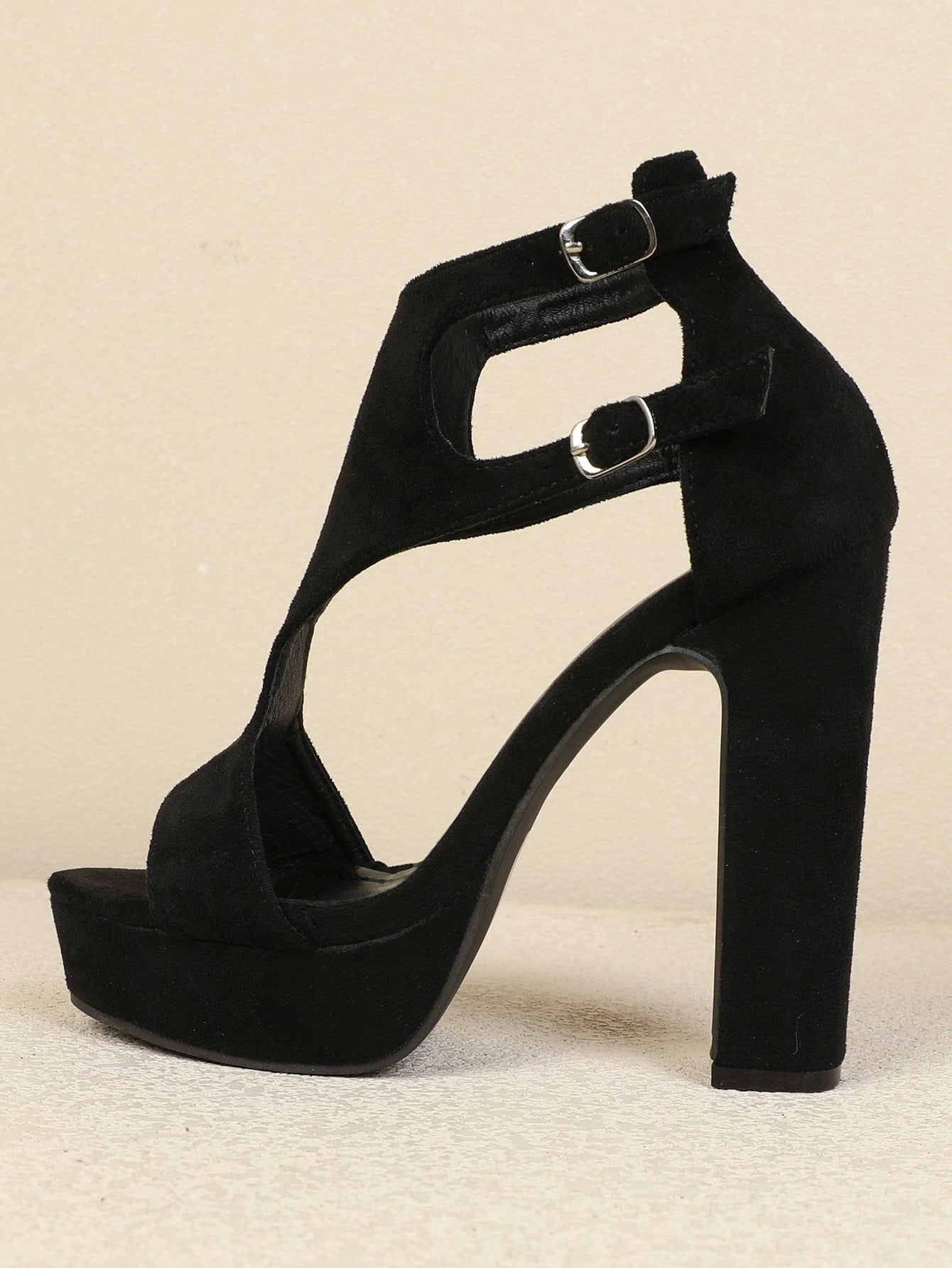 Sultry Vamp Faux Suede Chunky Heeled Ankle-strap Sexy Hollow Out Solid Color , Black