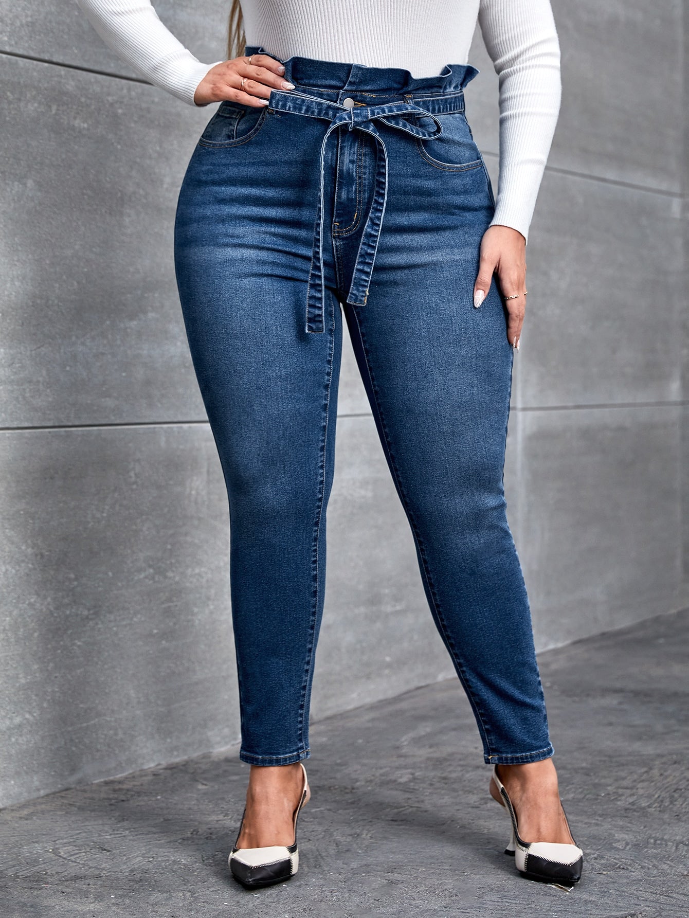 Plus* Paperbag Waist Belted Skinny Jeans