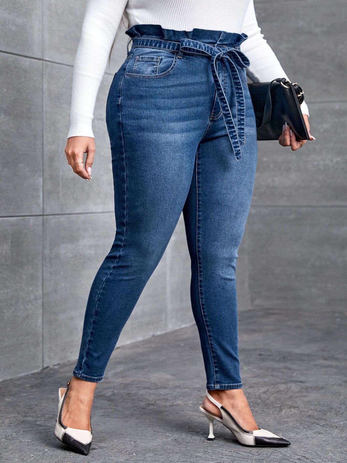 Plus* Paperbag Waist Belted Skinny Jeans