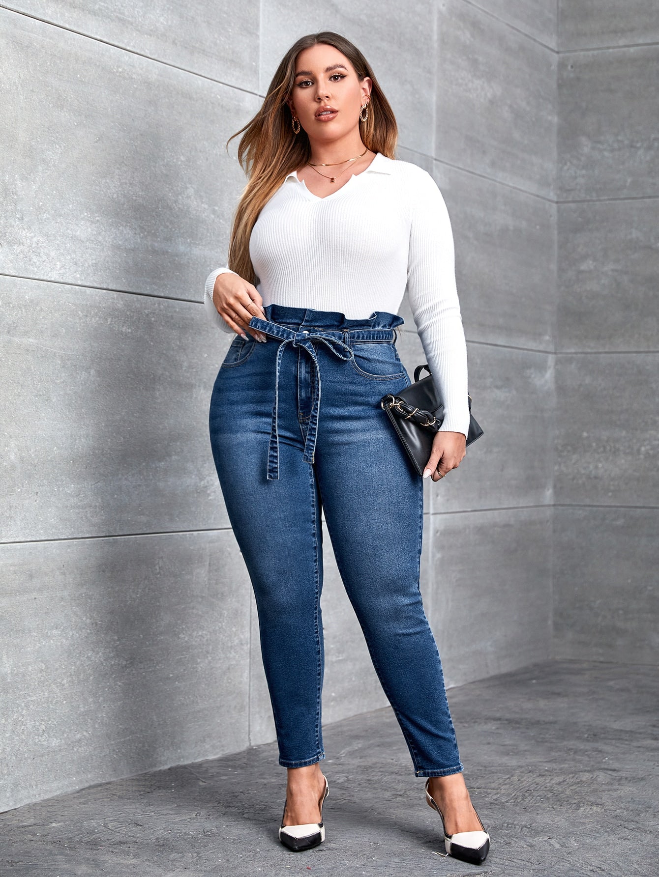 Plus* Paperbag Waist Belted Skinny Jeans