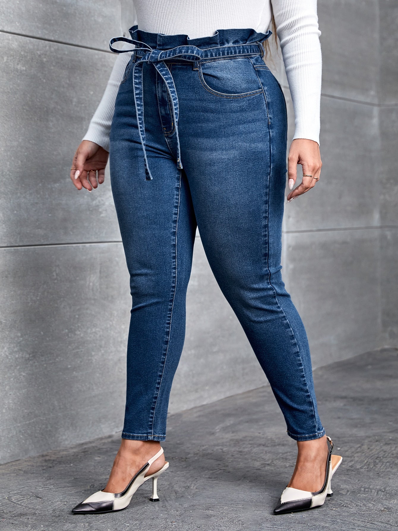 Plus* Paperbag Waist Belted Skinny Jeans