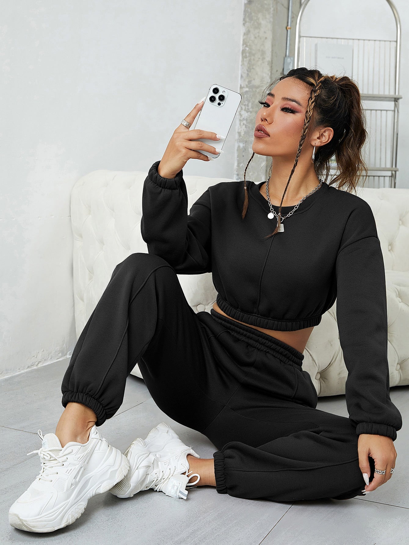 Day on the Go Solid Thermal Lined Crop Sweatshirt & Sweatpants