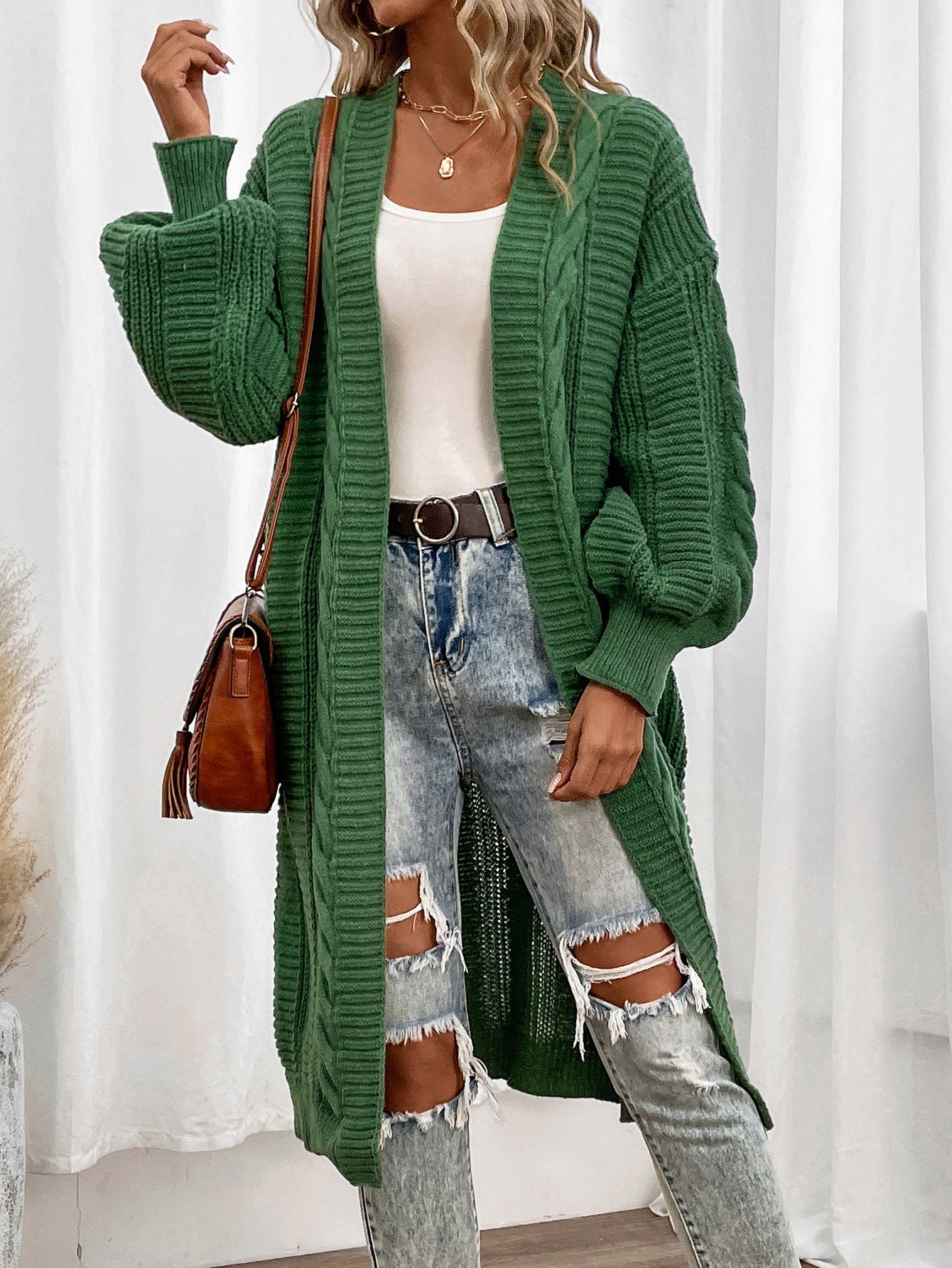 Keep It Up Cable Knit Bishop Sleeve Duster Cardigan