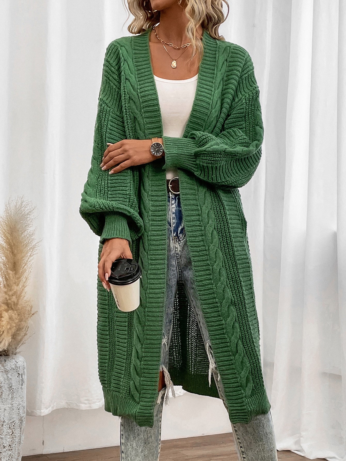 Keep It Up Cable Knit Bishop Sleeve Duster Cardigan