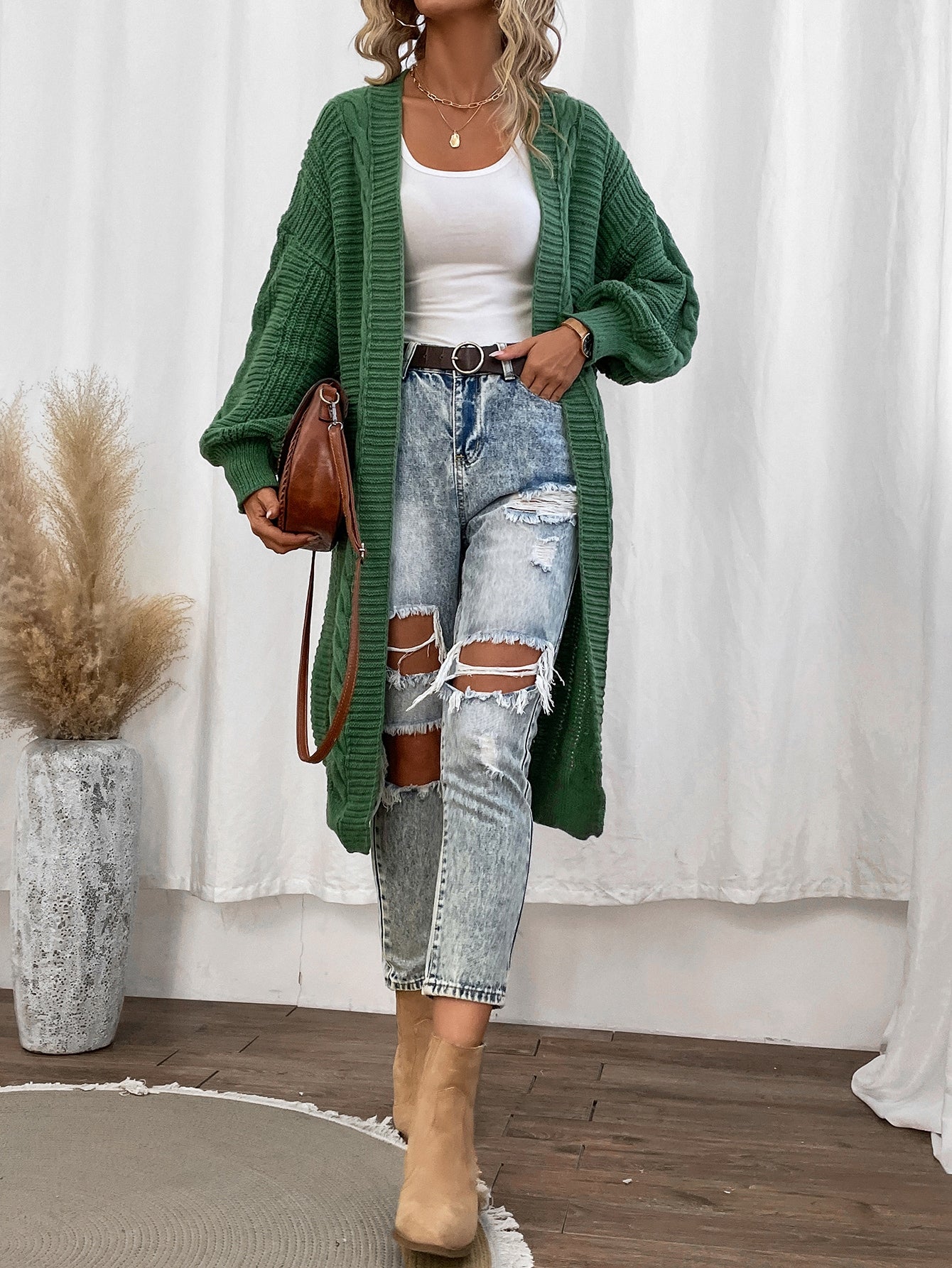 Keep It Up Cable Knit Bishop Sleeve Duster Cardigan