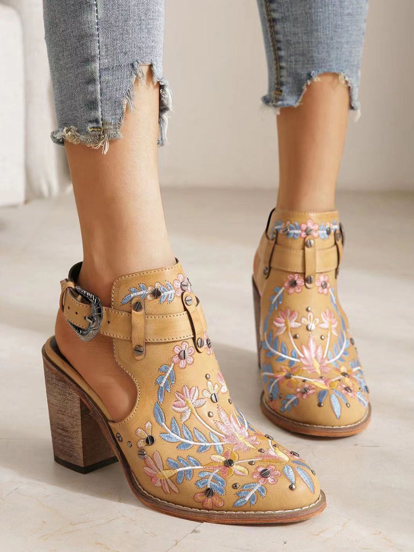 Boho Witch Floral with Point Toe and Chunky Heel