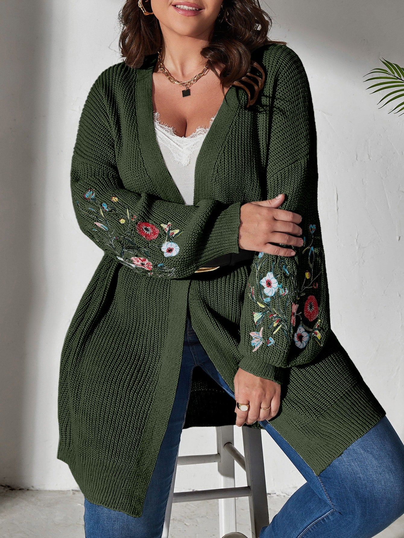 Secret Garden Cardigan Plus Floral Embroidered Drop Shoulder Duster