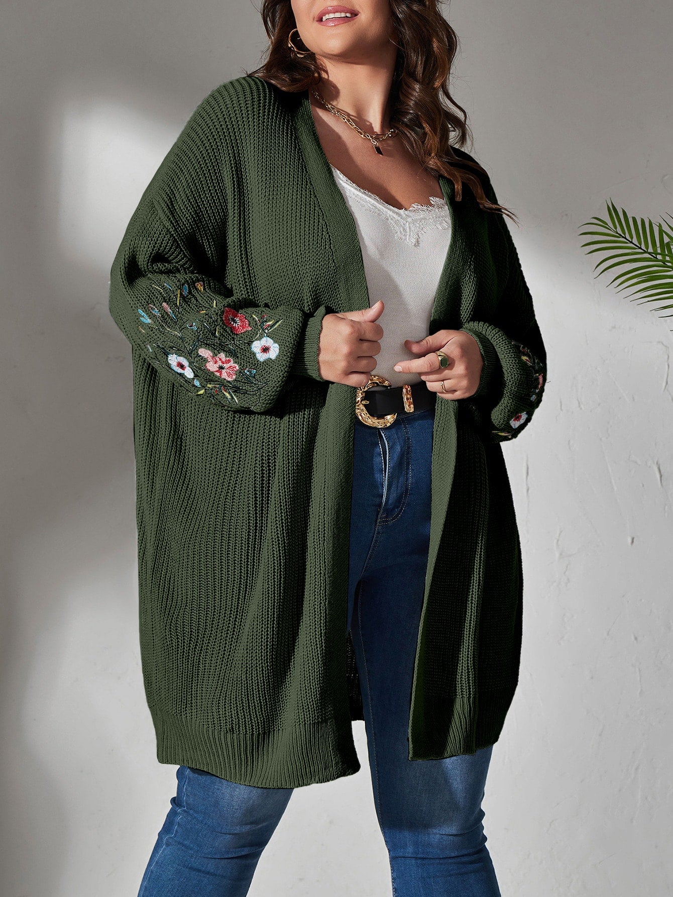 Secret Garden Cardigan Plus Floral Embroidered Drop Shoulder Duster