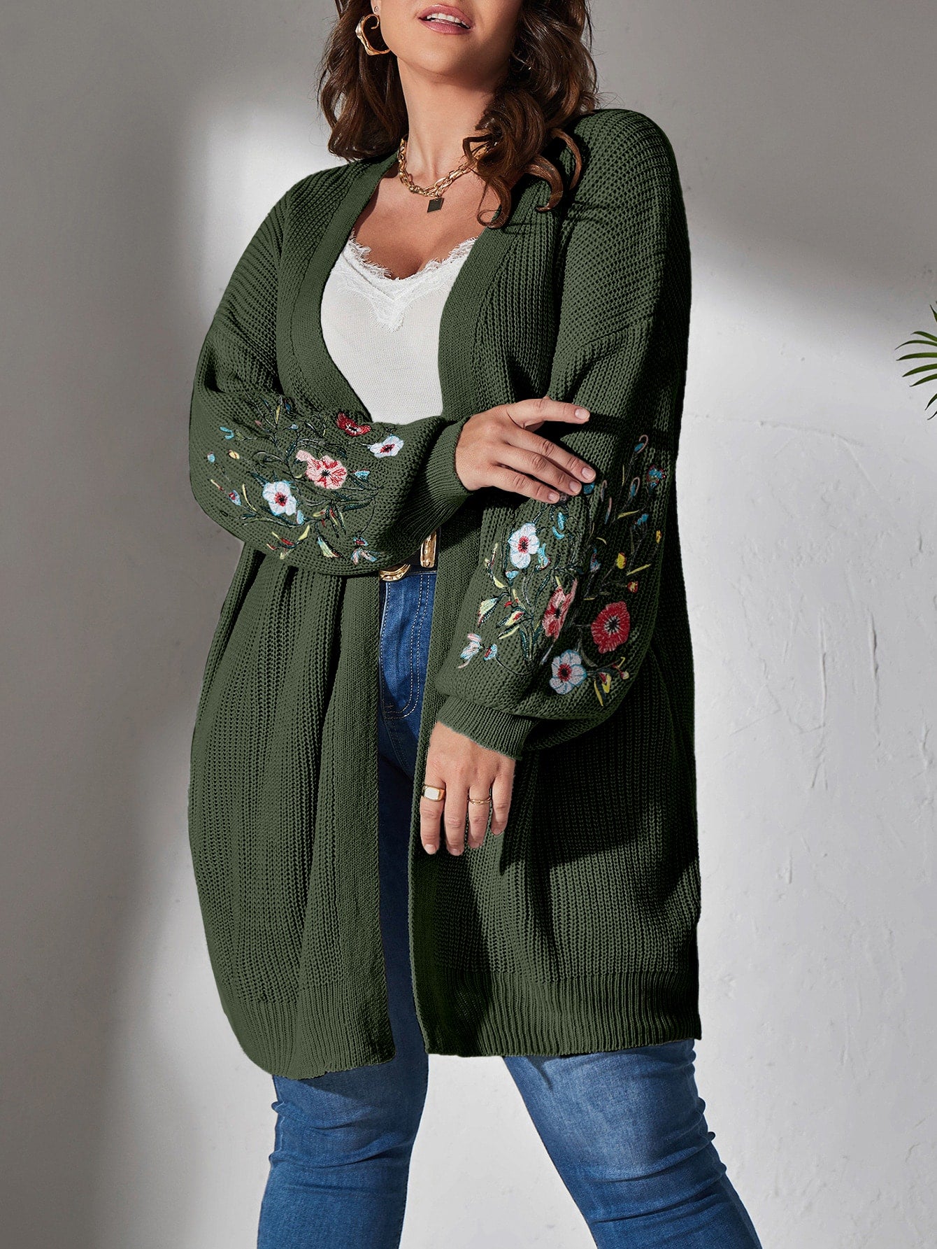 Secret Garden Cardigan Plus Floral Embroidered Drop Shoulder Duster